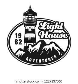 Lighthouse and mountains vintage emblem, label badge or logo vector monochrome illustration isolated on white background