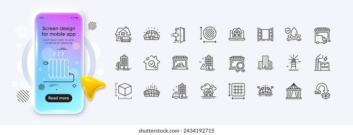 Lighthouse, Moving service and Radiator line icons for web app. Phone mockup gradient screen. Pack of Construction building, Buildings, Building warning pictogram icons. Vector