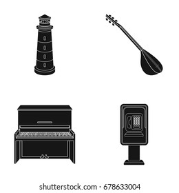Lighthouse, musical instrument and other web icon in black style. piano, automatic telephone icons in set collection.