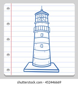 Lighthouse Nautical Building Notebook School Doodle Icons Hand vector illustration sketch.