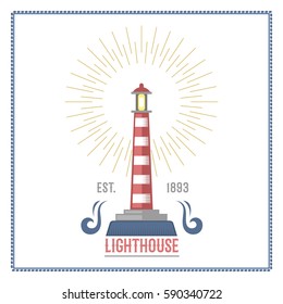 Lighthouse nautical and marine sailing themed label vector.