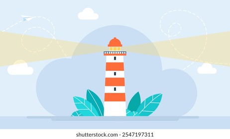 Farol náutico para navegação. Cartoon náutica navegação torre de luz, farol farol farol e símbolo da casa de luz, estilo de plana de arquitetura à beira-mar marinho. Luz da praia. Ilustração vetorial