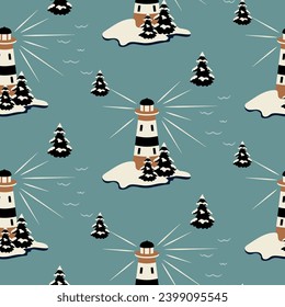 Lighthouse nautical seamless pattern. Seaside landscape illustration background.