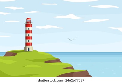 Lighthouse nautical tower on seashore. Sea coast or ocean beach rocks and lighthouse building. Coastline landscape with beacon. Hope symbol, expectation, solitude concept. Vector illustration