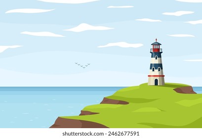 Leuchtturm nautischer Turm an der Küste. Meeresküste oder Meeresstrand Felsen und Leuchtturm Gebäude. Küstenlandschaft mit Leuchtfeuer. Hoffnung Symbol, Erwartung, Einsamkeit Konzept. Vektorillustration