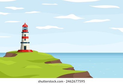 Lighthouse nautical tower on seashore. Sea coast or ocean beach rocks and lighthouse building. Coastline landscape with beacon. Hope symbol, expectation, solitude concept. Vector illustration