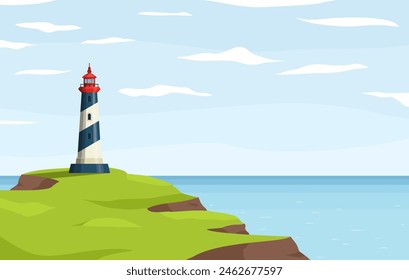 Lighthouse nautical tower on seashore. Sea coast or ocean beach rocks and lighthouse building. Coastline landscape with beacon. Hope symbol, expectation, solitude concept. Vector illustration