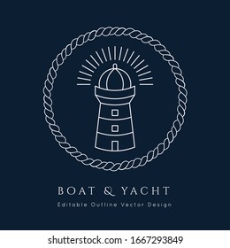 Lighthouse Nautical vector icon. white on navy blue.Sea and ocean design.Template for logo or branding.Sailor cruise, yacht club, business identity, menu, card design.Editable line.
