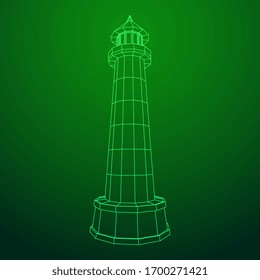 Lighthouse. Navigation Beacon building. Wireframe low poly mesh vector illustration.