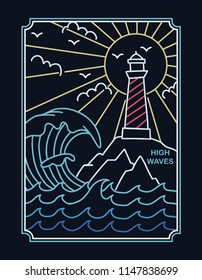 Lighthouse in neon style. Vector illustration for t-shirt prints, posters and other uses.