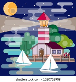 Lighthouse at night. Background. Vector illustration.