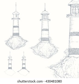 Lighthouse, night beacon, isolated on white. Black and white ink realistic sketch, hand drawn vector illustration, engraving style. Nautical concept design, sea storm.