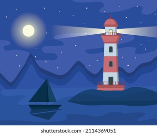 Lighthouse at night. Beautiful landscape, calming pictures with nature. Building for ships and travelers. Seashore, port and ray of light breaking through darkness. Cartoon flat vector illustration