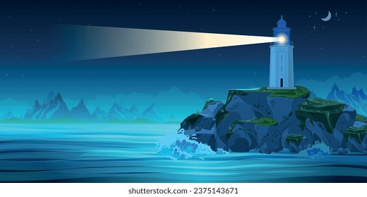 Lighthouse night composition with outdoor nocturnal scenery of sea with mountains and tower building light ray vector illustration