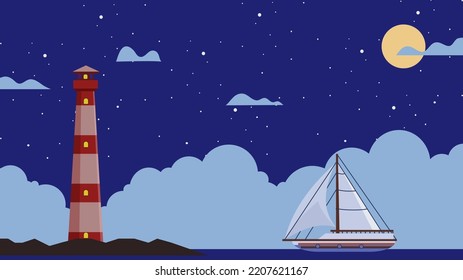 Lighthouse at night flat illustration landscape 