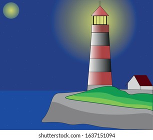 Lighthouse in the night. House next to the lighthouse.
