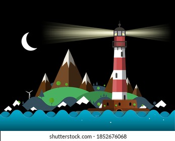 Lighthouse Night Landscape with Ocean Waves, Coast, Island Mountains and Moon on Sky - Vector Cartoon