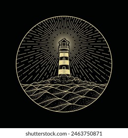 Lighthouse at night in the middle of the sea with calm and peaceful waves