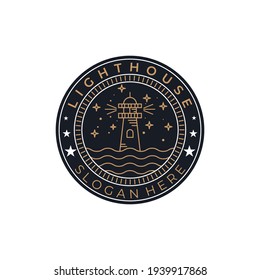 lighthouse night mode line art emblem vintage icon logo vector illustration template design. tower line art emblem logo