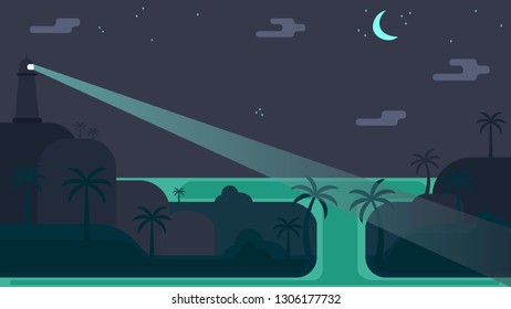 lighthouse and night ocean beach üith palms vector illustrationç game environment