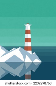 Lighthouse in the night ocean illustration poster.