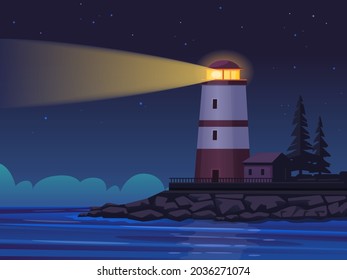 A lighthouse at night on the coast of the sea or ocean illuminates the path with a searchlight beam. Vector illustration in cartoon style