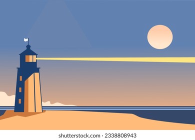 Lighthouse at night on the seashore vector illustration. Sea landscape with lighting lighthouse at sunset or sunrise.