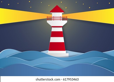 lighthouse at night , paper art style