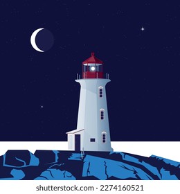 Lighthouse in the night. Peggys Cove, Nova Scotia, Canada.