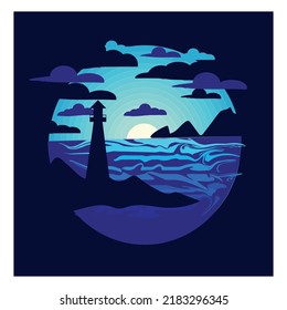 a lighthouse in the night. Romance. Spectacular print. Wall decor.