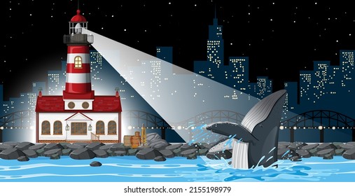 Lighthouse at night scene illustration