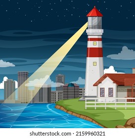 Lighthouse at night scene illustration
