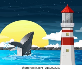 Lighthouse at night scene illustration