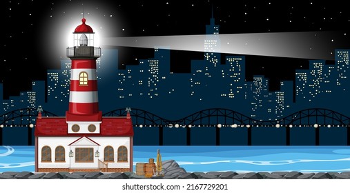 Lighthouse at night scene illustration