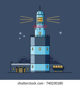 Lighthouse at night scenery flat line vector illustration. Hook Head beacon house  color linear icon. Sea navigator building template in modern thin line design. Popular tourist landmark in Ireland.