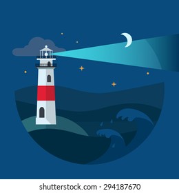 Lighthouse in night sea. Flat Vector illustration.