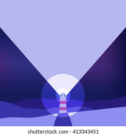 Lighthouse. Night sea landscape. Traditional sea navigations. Vector illustration.