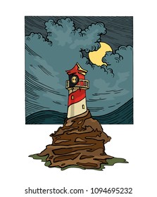 lighthouse night sea moon view