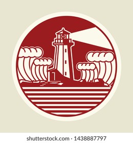 Lighthouse at the night, storm sea, sign or symbol, vector illustration