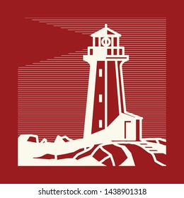 Lighthouse at the night, storm sea, sign or symbol, vector illustration