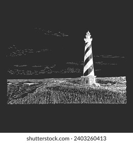 Lighthouse night view, hand drawn illustration in vector, vintage seascape in engraving style
