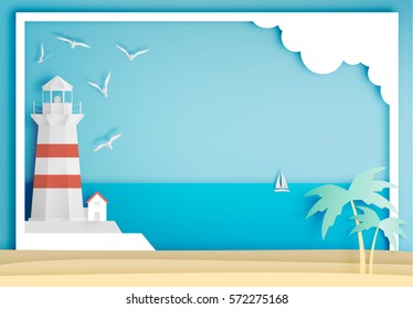 Lighthouse with ocean background frame paper art style vector illustration