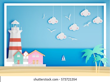 Lighthouse with ocean background frame paper art style vector illustration