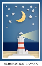 Lighthouse with ocean background frame paper art style vector illustration