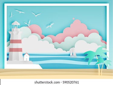 Lighthouse with ocean background frame paper art style vector illustration