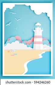 Lighthouse with ocean background frame paper art style vector illustration