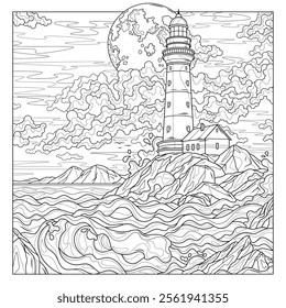 Lighthouse in the ocean and full moon.Coloring book antistress for children and adults. Illustration isolated on white background.Zen-tangle style. Hand draw