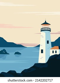 Faro en el océano. Antecedentes paisajísticos Ilustración vectorial de montañas y faro.	