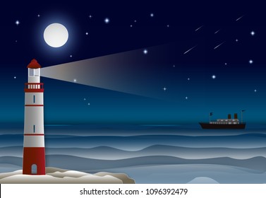 Lighthouse with Ocean liner in the ocean and night sky. Paper craft illustration background.