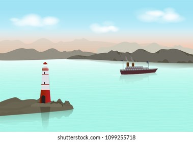 Lighthouse with Ocean liner in the ocean Paper craft illustration background.